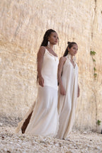 Navaia Dress in Organic Cotton and Linen Blend with Shimmering Trims, Braided Accents, and Hand-Beaded Glass Beads and Freshwater Pearls for Elegant Styling.