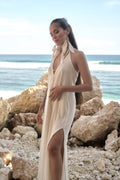 Saya Dress in Organic Cotton and Linen, Featuring Shimmering Trims and Adjustable Shoulder Straps for Elegant Versatility.