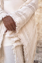 Saya Shawl in Loom-Woven Cotton with Unique Texture and Fringed Edges, Unisex and Versatile for Elegance and Warmth.