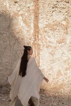 Saya Shawl in Loom-Woven Cotton with Unique Texture and Fringed Edges, Unisex and Versatile for Elegance and Warmth.
