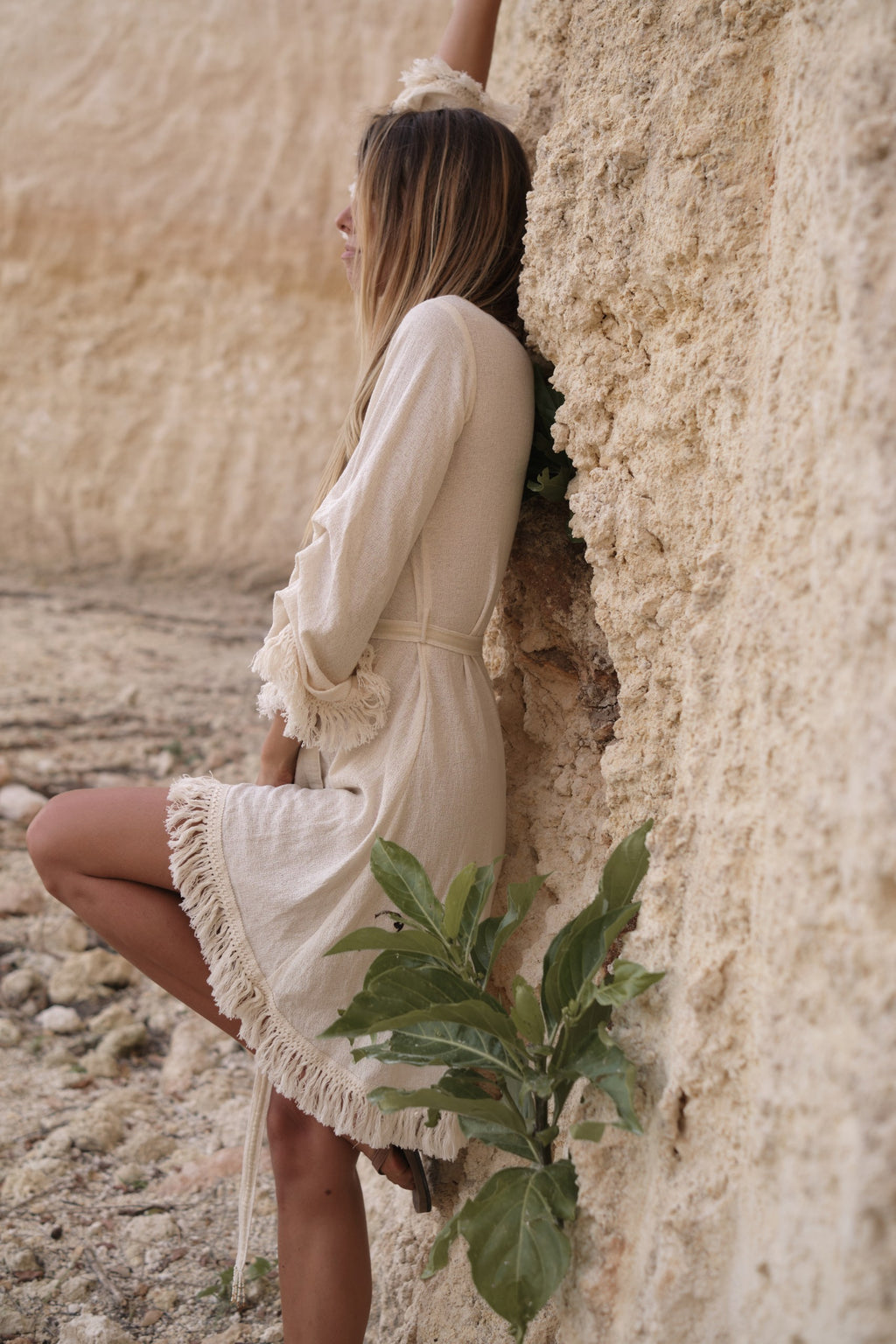 Ayumi Dress in Natural White - Organic Cotton and Linen Blend with Hand-Beaded Belt, Adjustable Sleeves, and Fringe Edges. Perfect for Elegant, Sustainable Fashion
