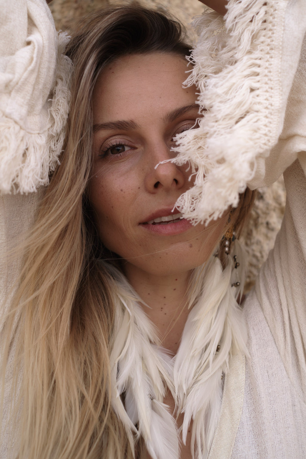 Ayumi Dress in Natural White - Organic Cotton and Linen Blend with Hand-Beaded Belt, Adjustable Sleeves, and Fringe Edges. Perfect for Elegant, Sustainable Fashion