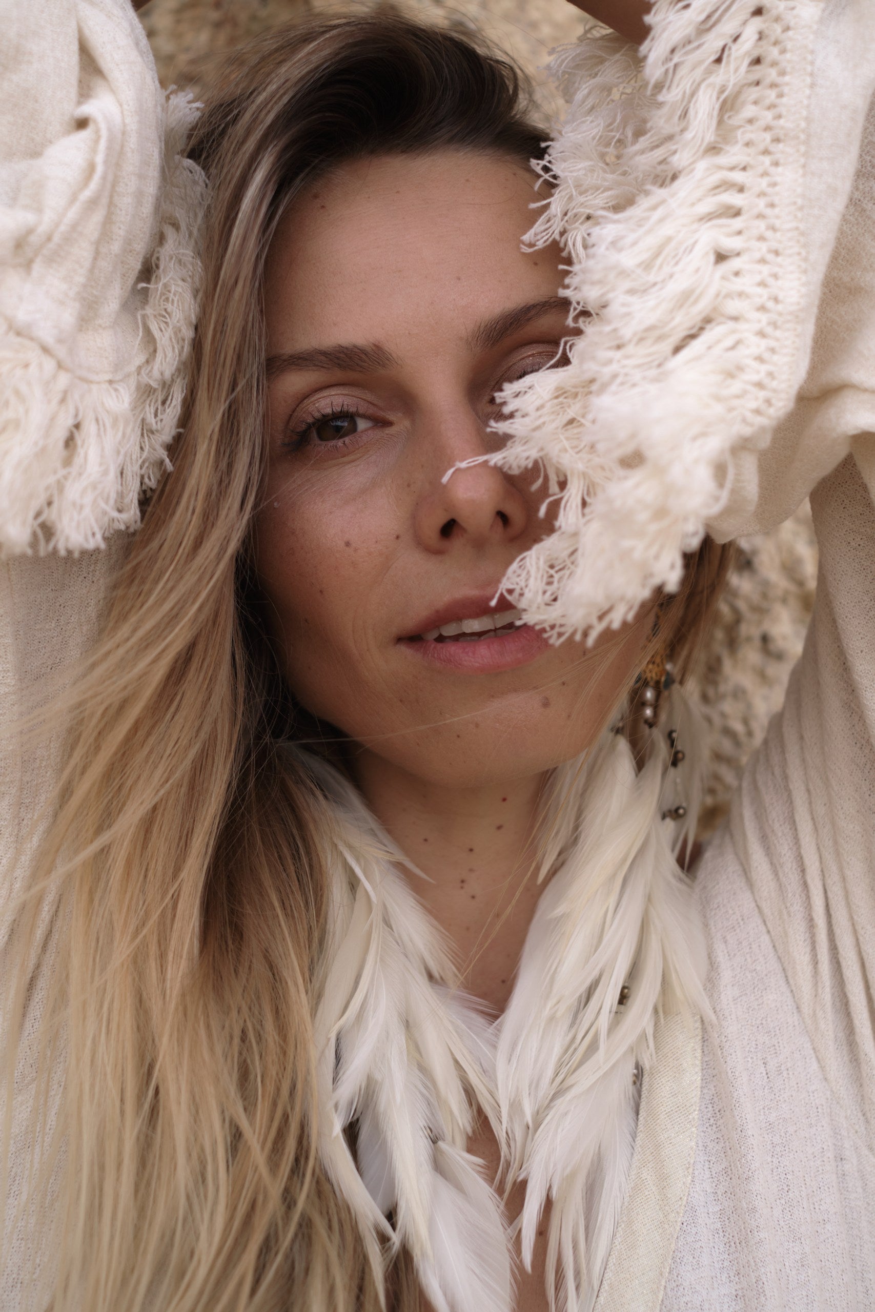 Ayumi Dress in Natural White - Organic Cotton and Linen Blend with Hand-Beaded Belt, Adjustable Sleeves, and Fringe Edges. Perfect for Elegant, Sustainable Fashion