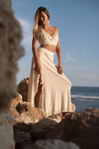 Flowy silhouette of handmade long boho skirt

