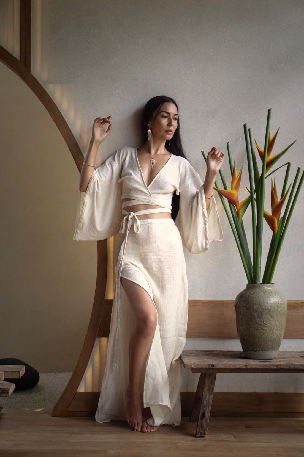 Mana Shirt with Japanese Kimono-Inspired Sleeves, Organic Cotton, Bamboo, and Linen, Adjustable for Versatile Styling, Featuring Shimmering Edges and Beaded Tie Ends.