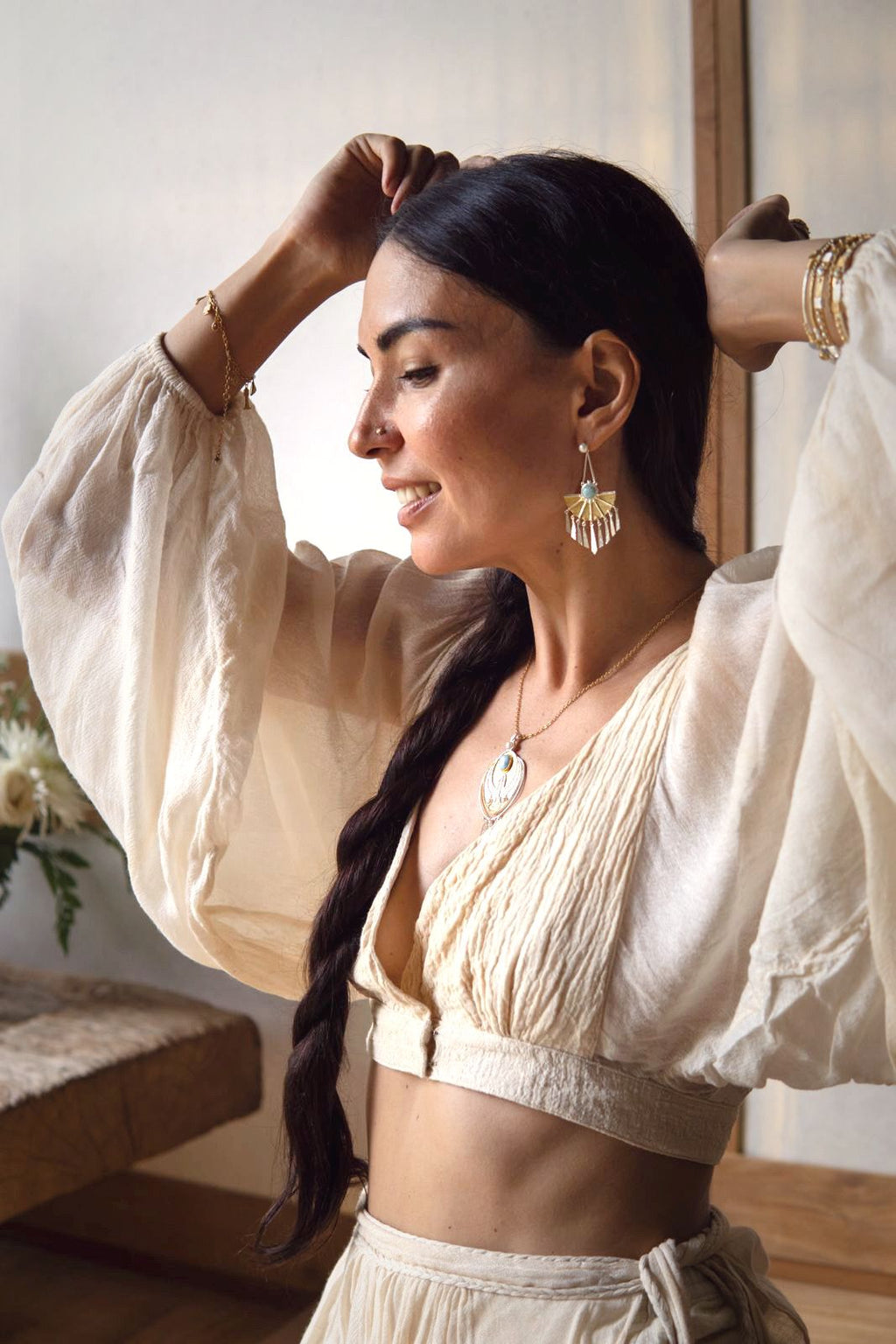 Versatile Organic Cotton, Bamboo, and Linen Blend Garment with Braided Detail and Airy Sleeves, Perfect for Relaxed Elegance.