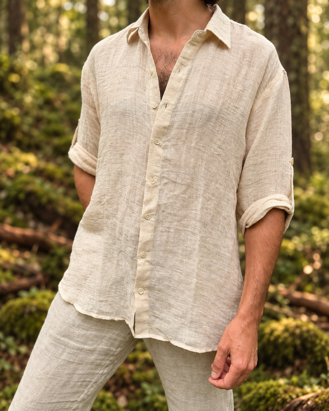 Front view of the Angin handloom linen and cotton shirt in natural oatmeal