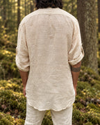 Back view of the Angin shirt showing its curved shirt tail hem