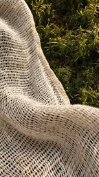 Close-up of the open 100% linen weave of the Tenun shirt