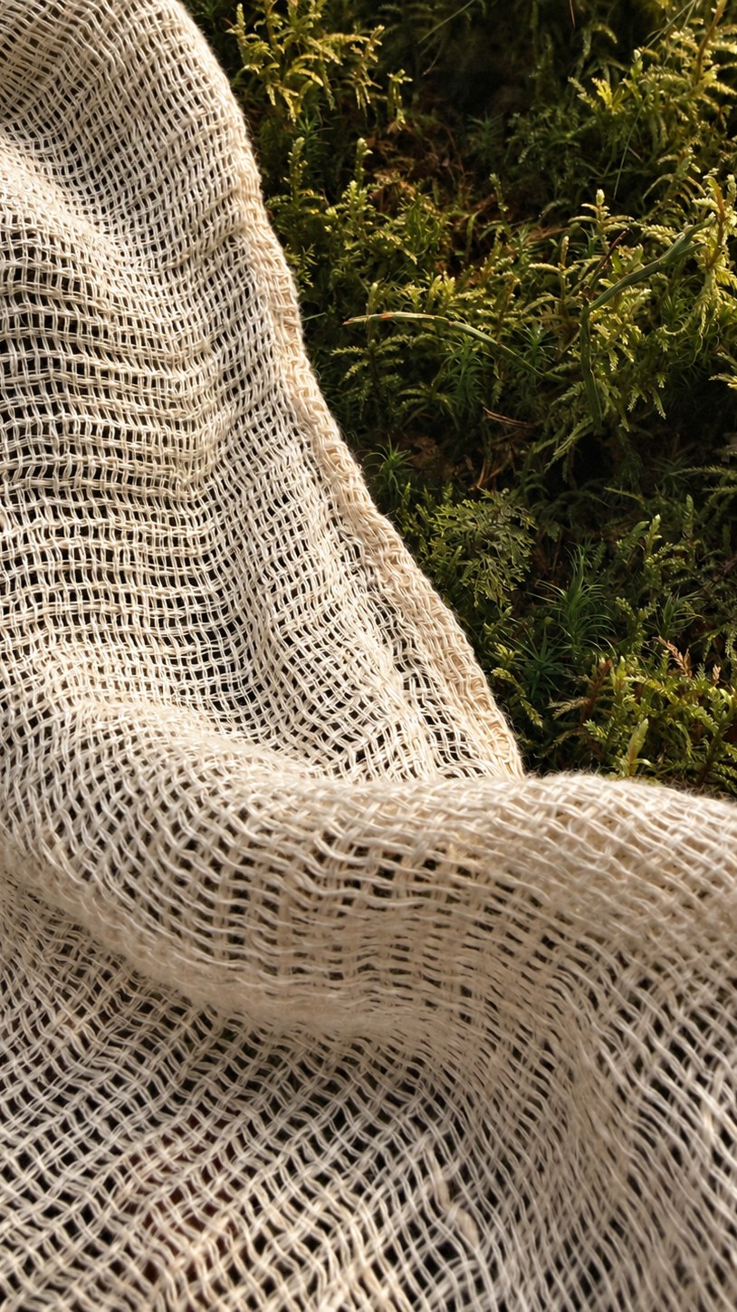 Close-up of the open 100% linen weave of the Tenun shirt