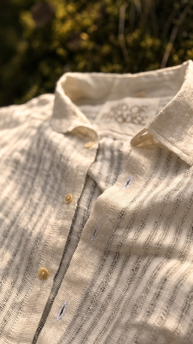 Collar and button placket detail of the Udara shirt